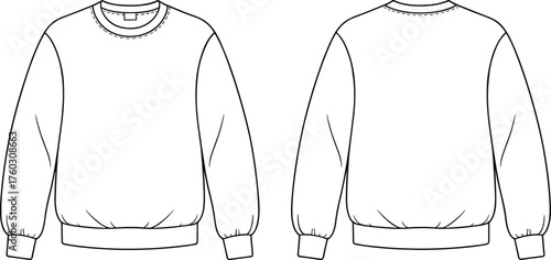 Sweatshirt fashion sketch, crew neck and ribbed cuff detail, front and back view, cad drawing flat vector illustration, apparel design