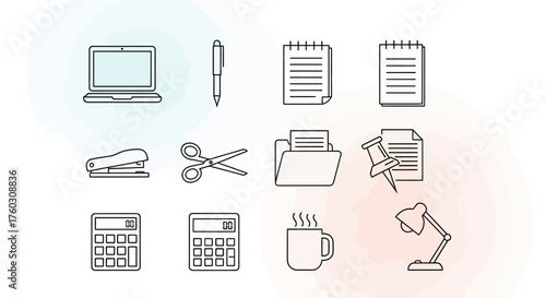 Collection of office supplies and stationery icons isolated on white background