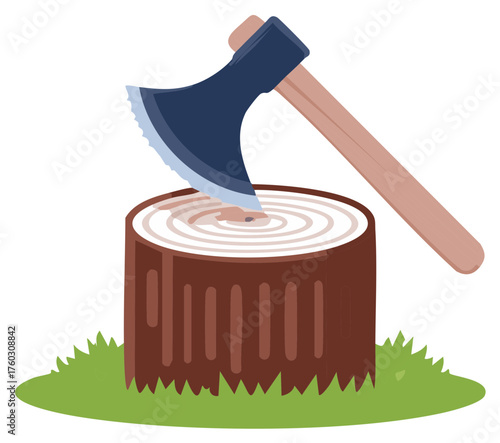 Axe stuck in a tree stump illustration. A cut tree and a wood chopping tool.