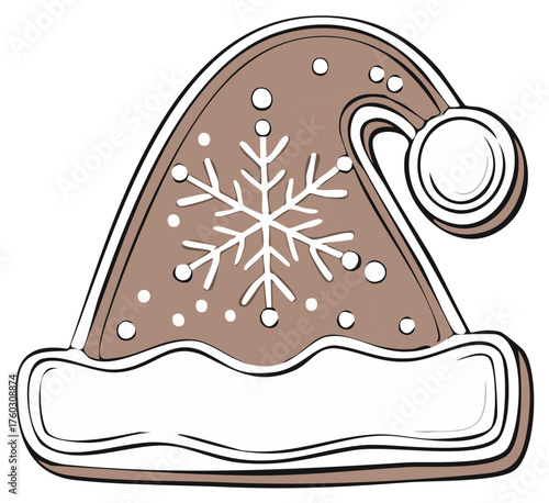 Gingerbread Cookie Shaped Santa Hat Topped with Snowflake Design for Festive Winter Holiday Season Celebration