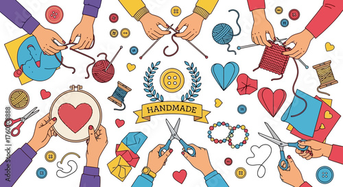 Group crafting session featuring handmade items and creative tools