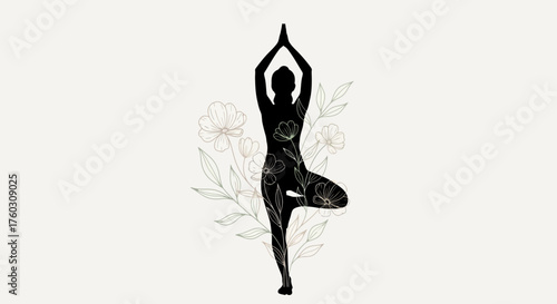 Silhouette of a woman in tree pose yoga, isolated on white background