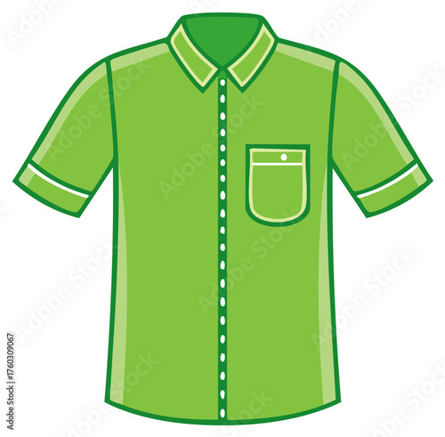 Vector illustration of a casual green short sleeved button down shirt with a collar and pocket