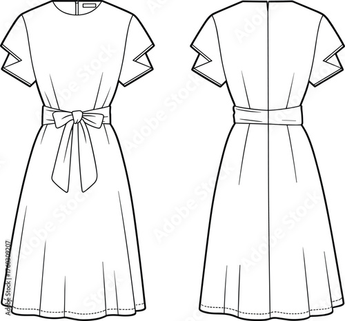 Flutter-sleeve dress fashion sketch, bow sash and pleated skirt detail, front and back view, cad drawing flat vector illustration