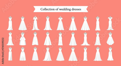 Elegant Array of Wedding Dresses Illustration on Coral Background