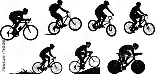 Bicycle rider silhouette set, dynamic cycling poses, racing, wheelie, uphill motion, road bike styles, black vector illustration, sport icon