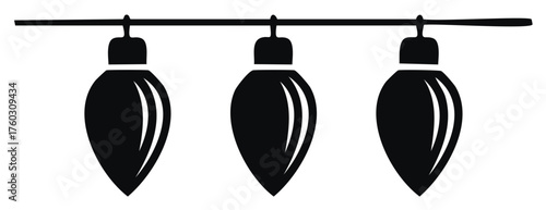 Simple black silhouette of a string of festive light bulbs hanging on a wire