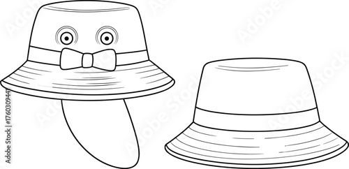 Bucket hat fashion sketch, character-inspired and plain design contrast, whimsical headwear concept, cad drawing flat vector illustration, accessory design