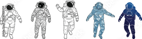 Astronaut silhouette set, space suit styles, dynamic poses, line art, polygonal and gradient designs, cosmic theme, black vector icons