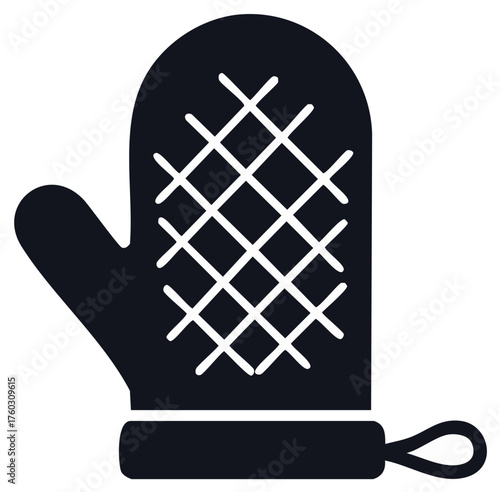 Minimalist black silhouette icon of a quilted kitchen oven mitt for cooking and baking