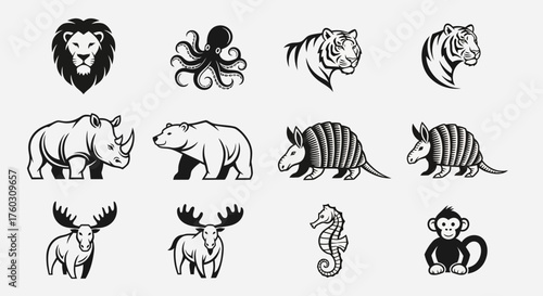 Diverse Wildlife Icons Lion, Octopus, Tiger, Rhino, Bear, Armadillo, Moose, Seahorse, Monkey