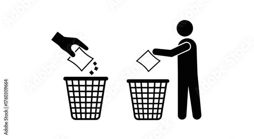 Black and White Silhouette of People Throwing Trash in Bins