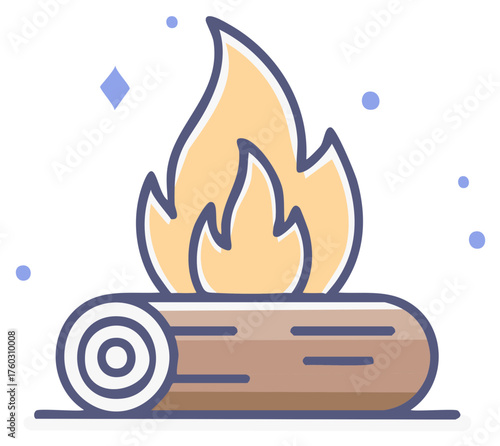 Illustration of a burning campfire with flames atop a log, vector design.