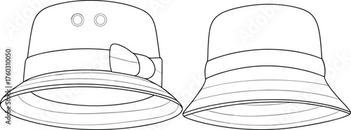 Bucket hat fashion sketch, decorative and plain style comparison, headwear design illustration, cad drawing flat vector illustration, accessory concept