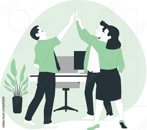 Three colleagues celebrating success with high fives in an office setting celebration teamwork