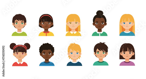 Diverse Group of Children's Portraits in Flat Vector Style