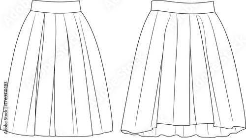 high-low hemline, classic skirt, cad fashion drawing, skirt illustration, apparel vector art, fashion flat sketch, clothing design vector, couture fashion sketch, garment construction sketch, skirt fa