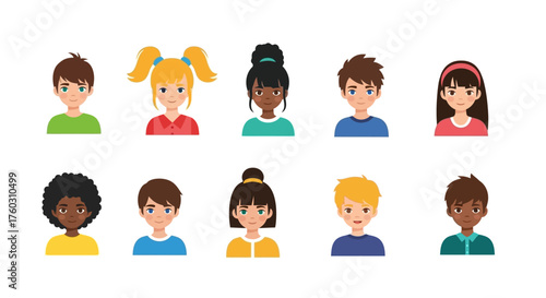 Diverse Group of Children Colorful Cartoon Portraits for Educational Resources
