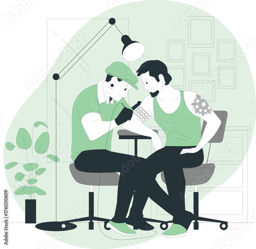 Tattoo artist inking a design onto a client's arm in a studio setting vector illustration