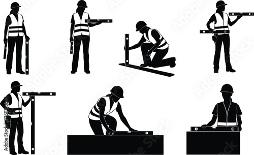 Construction workers using spirit level tools, safety gear, precision measurement, building site, engineering, teamwork, flat vector, silhouette illustration, labor, architecture
