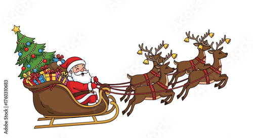 Santa Claus in Sleigh with Reindeer, Christmas Tree and Gifts, Vector Illustration