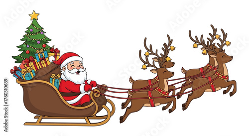 Santa Claus in his sleigh being pulled by reindeers carrying gifts for Christmas