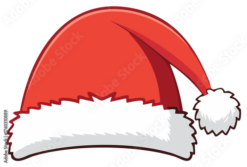 Classic red and white Santa Claus hat with fur trim and pom pom cartoon illustration for Christmas holiday