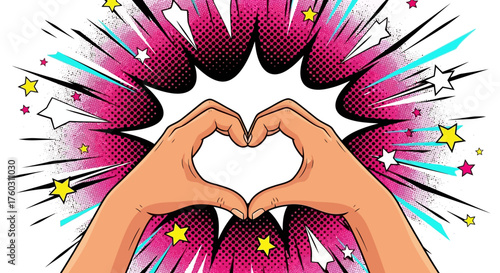 Heart Shape Made with Hands Amidst a Comic Explosion - Love and Affection
