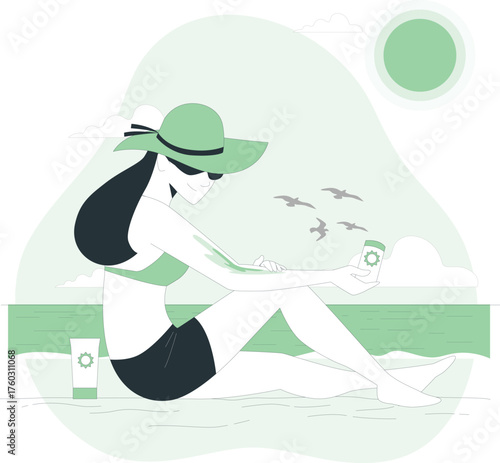 Woman in bikini and hat applying sunscreen on beach with ocean and sun vector illustration