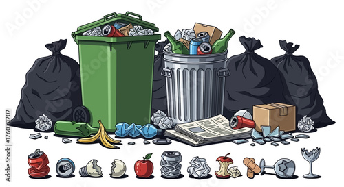 Cartoon Trash Still Life Recycling and Waste Composition Depiction