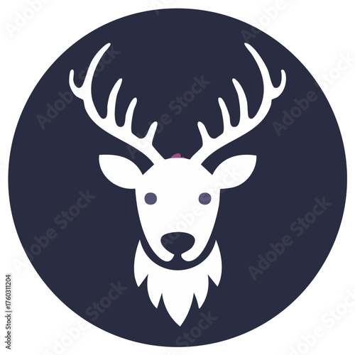 Stylized White Stag Head with Large Antlers in Dark Circular Frame Vector