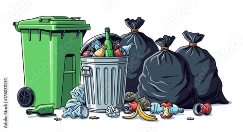 Overfilled Garbage Cans & Bags Overflowing with Trash Waste Management