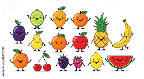 Cute Cartoon Fruits with Happy Expressions Colorful Vector Set