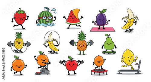 Cartoon Fruits Exercising Playful Fitness for a Healthy Lifestyle