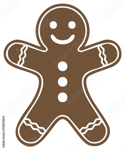 Cheerful gingerbread man with icing detail, a traditional Christmas cookie, with smiling face