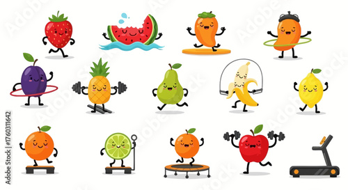 Funny Fruits Exercising Cute Fruit Characters Doing Sports and Workout