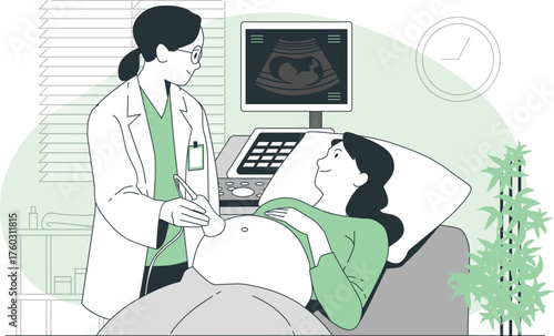 Doctor performing ultrasound on pregnant woman in medical office with baby scan on screen healthcare