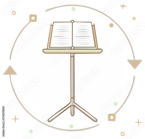 Simple illustration of an open sheet music stand with surrounding abstract elements