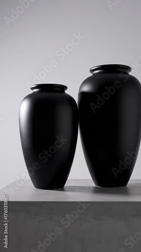 Minimalist black vases on concrete surface against a light gray backdrop