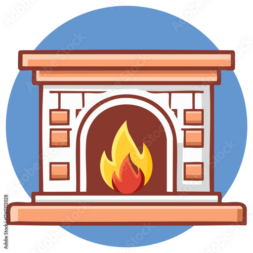 Classic brick fireplace with a warm burning fire cartoon vector illustration