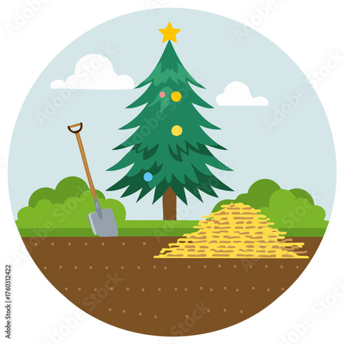 Christmas tree with spade and hay pile in a garden plot in circular frame