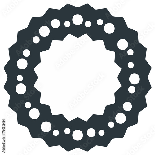Gear-shaped frame with circular openings, abstract spiked circular element, graphic design element