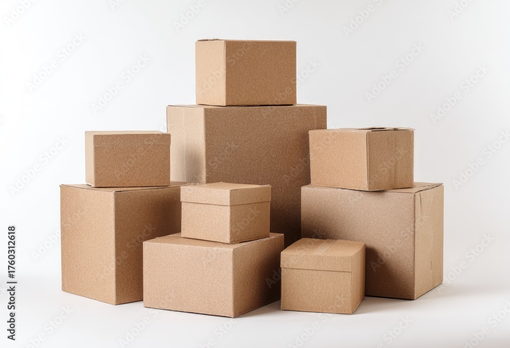 Obraz premium Stacked cardboard boxes against white background