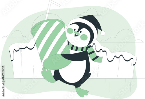 Cute cartoon penguin wearing a hat and scarf holding a large striped drink on an icy background animal