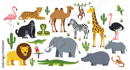 Wild Animal Safari Diverse Wildlife Vector Illustration