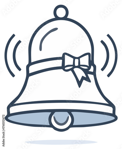 Ringing Notification Bell Decorated with Bow, Sound Waves around Handbell, Alert Symbol, Outline