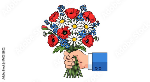Hand Holding Vibrant Bouquet of Poppies, Daisies, and Forget-Me-Nots
