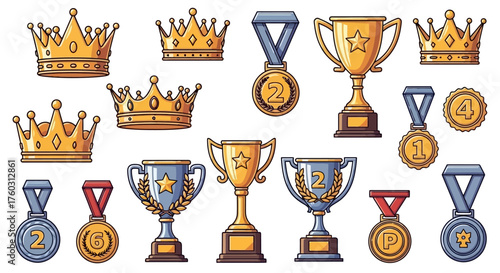 Gold Awards and Medals Illustration Featuring Trophies and Crowns