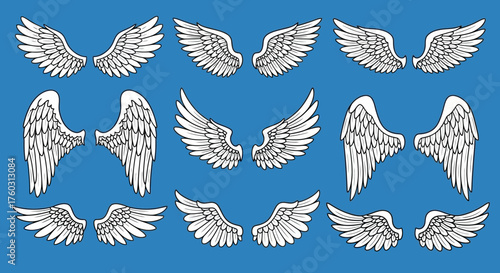 Collection of Angel Wings Illustrations in Various Styles on Blue Background