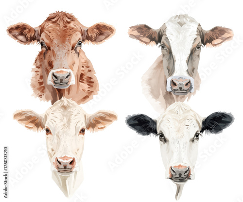 Detailed vector art showcasing four distinct cow breeds, each with unique markings and coloration